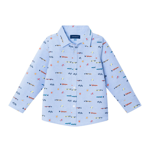 kids-blue-chambray-buttondown-shirt-racecars Andy & Evan at Sophia's Style-Button Down Shirt-1